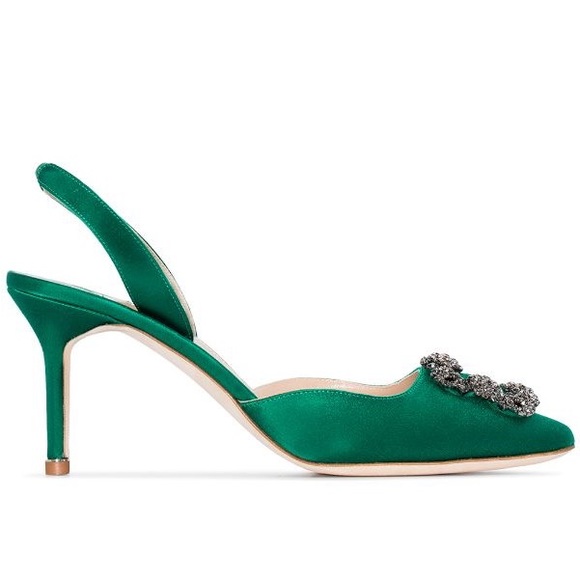 MANOLO BLAHNIK Hangisli Green Satin Jewel Buckle Slingback Pumps - Picture 5 of 12